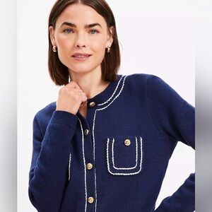 LOFT Navy Blue Cardigan with White Trim and Gold Buttons